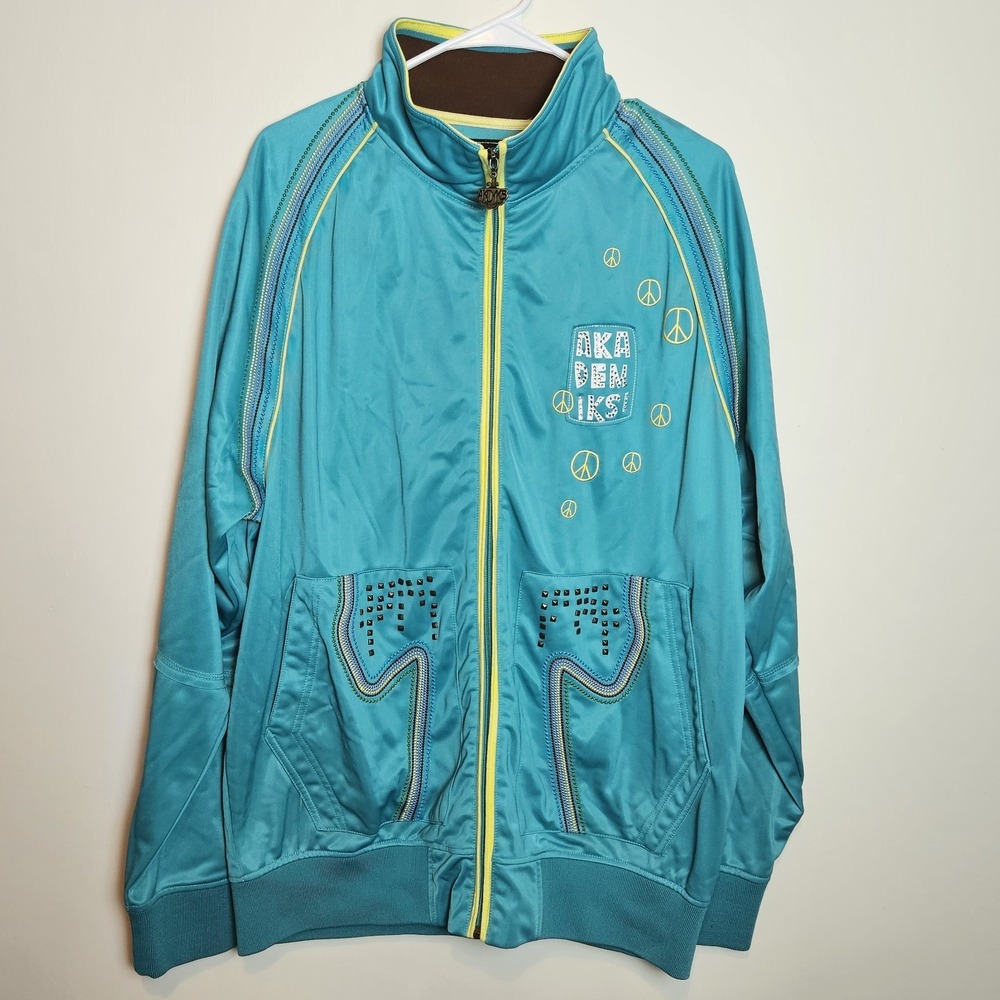 Akademiks Men's XL Aqua Blue Track Jacket NWOT Embroidered‎ Peace Signs...